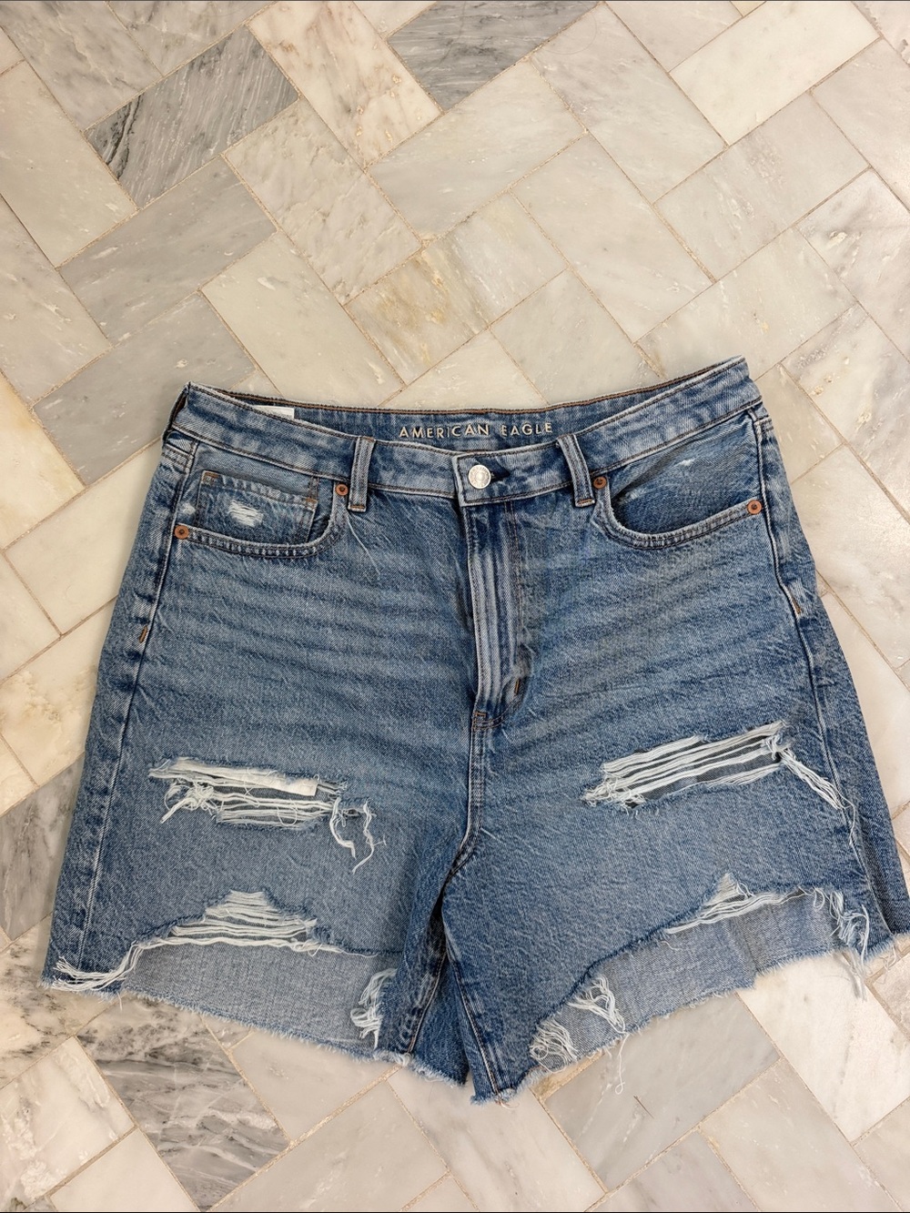American Eagle Outfitters Ripped High-Rise Denim Shorts - Blue